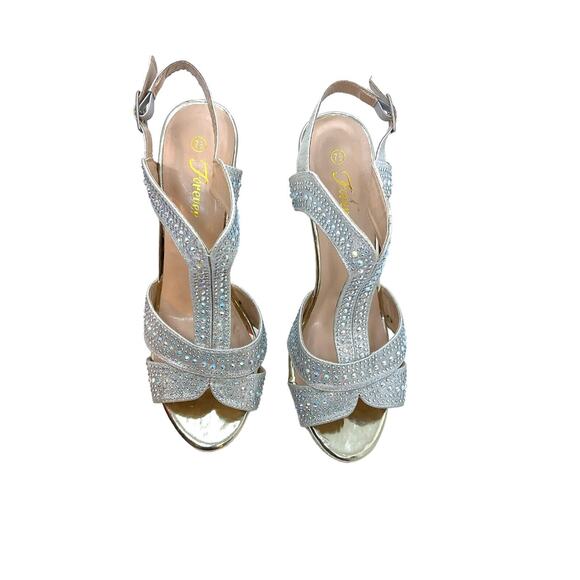 FOREVER Sandal 7.5 M SILVER Rhinestone High Heel Wedding Bling Prom Padded - Picture 8 of 10